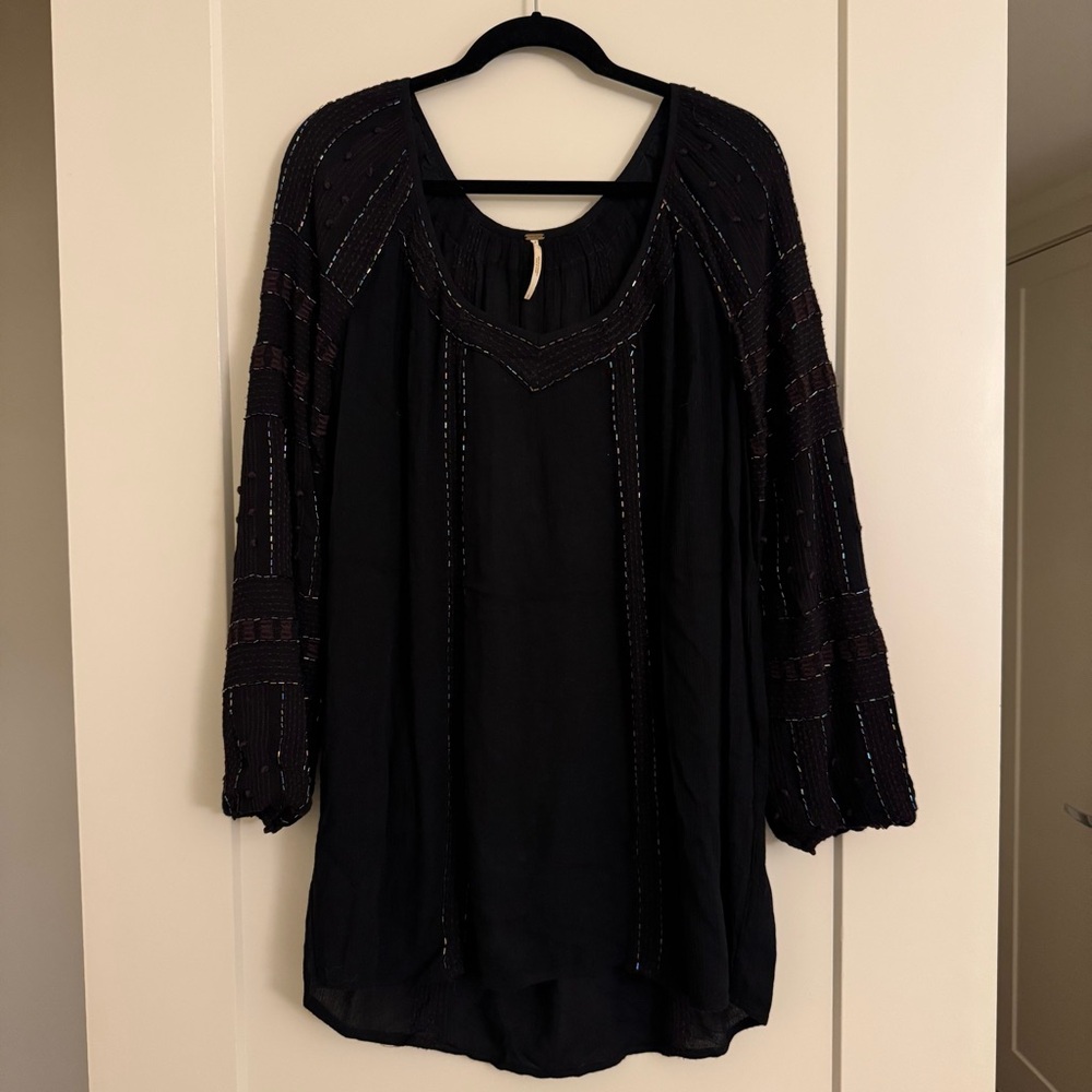 Free People Black Tunic with Embroidered Detail
